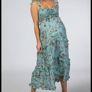 Blue Floral Ruffle Tiered Maternity Midi Dress